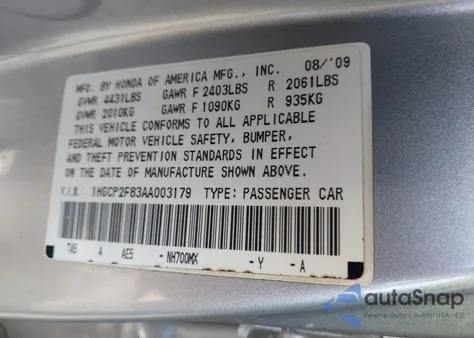 2010 Honda Accord 2.4 Ex-L from USA, damaged, VIN 1HGCP2F83AA003179